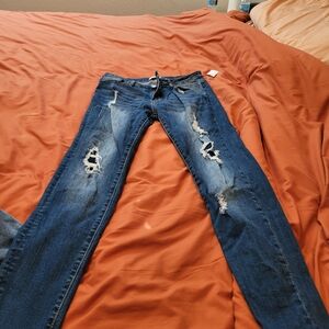 Encore Jeans Women's Distressed Skinny Jeans - Dark Blue